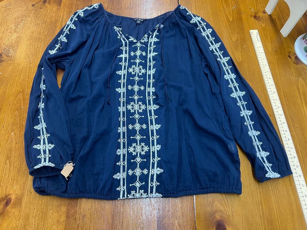 Lucky Brand Navy Blue Embroidered Peasant Blouse Boho Long Sleeve Top XXL